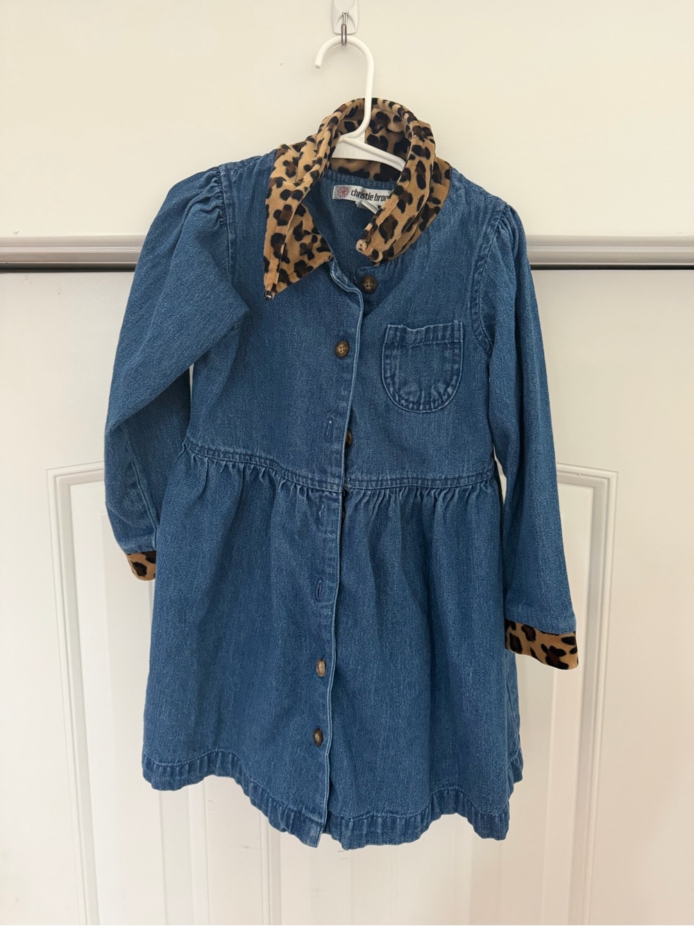 Christie Brooke Girls' Denim Jacket with Leopard Print Collar - Blue/Tan/Black